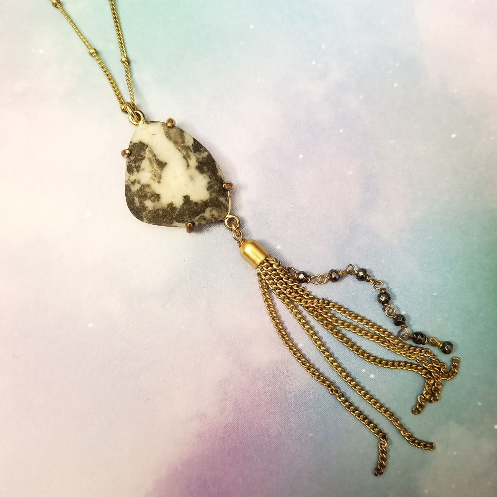 LOFT necklace tassel white and black cabochon gold tone Ann Taylor